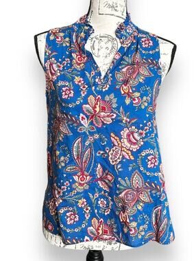 J. Crew L1035 Liberty Fabric Blue Flora Belle Floral Ruffle Neck Tank Top 2